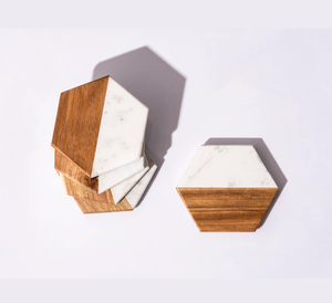 Factory Direct Hexagon Natural Marble Combined Acacia Wood <b>coaster</b> Square <b>Coasters</b> Set Non Slip Table Mats For Drink <b>Glass</b> Hold - Product Image 5