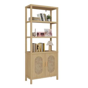 Vetrina Espositiva a 4 Ripiani in Legno Naturale Triamcinol 78*35.5*180cm con Superficie in Rattan e Doppie Ante per Soggiorno - Product Image 4