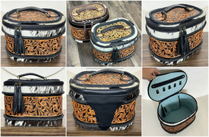 Customized Logo Portable Hand Tooled Leather <b>Makeup</b> Box Travel Cosmetic <b>Case</b> Western Style Genuine Cowhide Leather Jewelry Box - Product Image 3