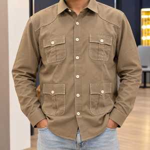 เสื้อเชิ้ตผ้าลินินระบายอากาศสำหรับผู้ชาย แขนยาว ติดกระดุมด้านหน้า เสื้อแจ็คเก็ตทำงาน มีกระเป๋าสี่ช่อง เสื้อคลุมลำลองสไตล์ทหาร - Product Image 1