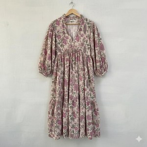 Robe midi ample à imprimé floral lavande pour femme, col en V, manches bouffantes, décontractée, été, en coton tissé respirant - Product Image 4