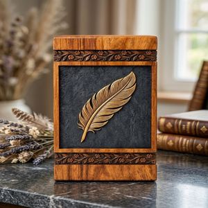 Wooden Cremation Urn Brown Adult <b>Memorial</b> <b>Keepsake</b> <b>Box</b> Carved Feather Design Customizable 200 Cubic Inch Capacity - Product Image 6