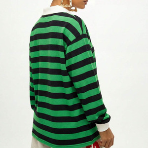เสื้อรักบี้ผู้หญิงไซส์ใหญ่ ลายทางสีเขียวดำ แขนยาว ถักนิตติ้ง สไตล์ลำลอง คอวี รุ่นใหม่ล่าสุด - Product Image 2