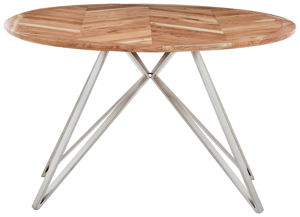 Table de salle à manger moderne pour la maison, avec plateau en bois d'acacia massif de forme ronde, base en métal de style zig-zag, design industriel. - Product Image 3
