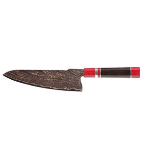 Cuchillo Santoku de lujo de acero damasco y cobre con mango de madera equilibrado para preparación y corte de alimentos en cocinas profesionales. - Product Image 2