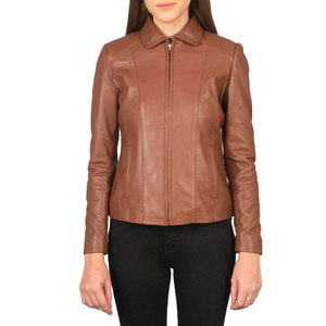 Chaqueta de Motociclista para Mujer, de Cuero Sintético Marrón, Tejida, con Cierre, Cuello Camisero, Manga Larga, para Otoño - Product Image 1