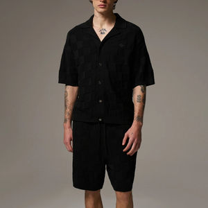 Ensemble short et chemise pour homme, personnalisé, été, décontracté, respirant, manches courtes, coton, coupe décontractée, tricot, motif damier, logo sur le devant - Product Image 1