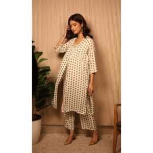 Conjunto de Kurta Talla XS Verde Noche Estrellada y Marfil - Product Image 1