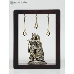 Superfine Brass <b>Wall</b> Hanging 9\" Wood <b>Framed</b> Radha-Krishna Sculpture - Product Image 3