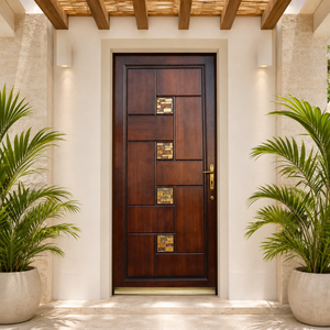 Porte d'entrée en bois massif teck chocolat cerise GA-19G avec vitraux, design moderne pour appartement et villa - Product Image 1