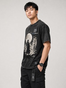 Camiseta de punto holgada para hombre con logo personalizado, lavado ácido, 100% algodón, ecológica, transpirable, manga corta, cuello redondo, OEM, bajo costo. - Product Image 3