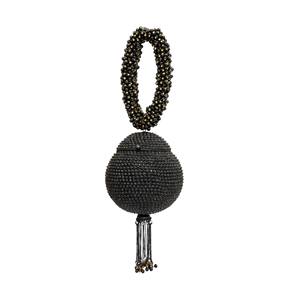 Pochette de soirée de luxe noire entièrement perlée avec anse ovale surdimensionnée et franges à pompons, sac à main de créateur pour mariage et événements. - Product Image 1