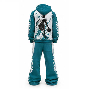 Ensemble de survêtement pour homme avec imprimé basketball, sweat à capuche et pantalon, bleu turquoise et blanc, style sportif long avec poches latérales - Product Image 3