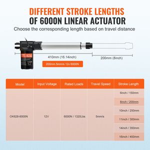 Attuatore Lineare da 8 Pollici per Carichi Pesanti 1320 libbre/6000N 12V con Movimento Lineare 0,19 pollici/s e Staffa di Montaggio per Cilindri - Product Image 3