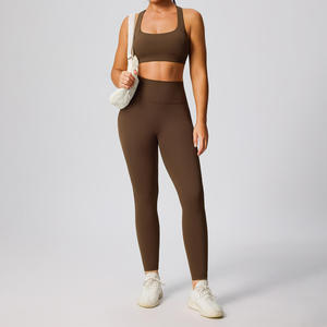 Ensemble de yoga deux pièces uni pour femme, taille mi-haute, bretelles en Y, col drapé, sans couture, respirant, 100 % coton, tenue de fitness - Product Image 3