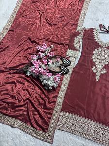 Ensemble Kurti droit brodé bordeaux pour femme, tenue de soirée, style Salwar Kameez pakistanais - Product Image 4