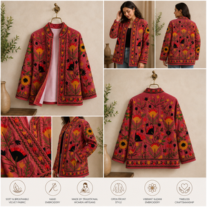 Chaqueta de Mujer Roja de Lujo con Bordado Floral Multicolor Estilo Bohemio Étnico, Abrigo de Diseñador de Boutique, Venta al Por Mayor - Product Image 5