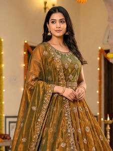 Robe longue en soie Fendy avec broderie Zari détaillée, design évasé, coupe ample, infroissable, et dupatta assorti - Product Image 4