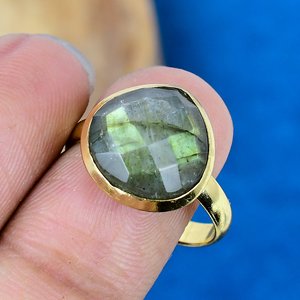 Natural <b>Labradorite</b> Heart Shape Gemstone <b>Ring</b> 18k Gold Micron Over 925 Sterling Silver - Product Image 3