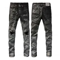 Pantalon en jean tissé délavé coupe droite pour homme, détails déchirés, broderies, fermetures éclair, décontracté, été/printemps, automne/hiver