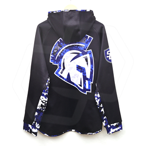 Sudadera con capucha negra para hombre al por mayor, con cremallera, estampado de camuflaje azul, estilo deportivo, corte regular, top informal de otoño para ropa deportiva. - Product Image 2
