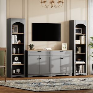 Meuble TV 3 pièces tendance style ferme du milieu du siècle avec étagère et rangement pour téléviseurs jusqu'à 70 pouces – Centre de divertissement élégant - Product Image 1