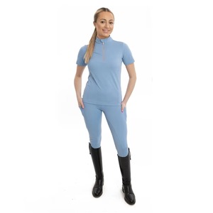 Haut d'équitation personnalisé pour femme, bleu ciel, à manches courtes, demi-zip, sous-vêtement technique, vente en gros OEM - Product Image 1