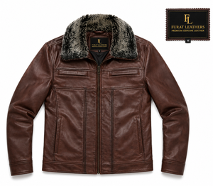 Veste en cuir marron pour homme Evan Hart, broderie hiver, coupe-vent, respirante, écologique, antibactérienne, avec col montant et lettres sur le devant - Product Image 1