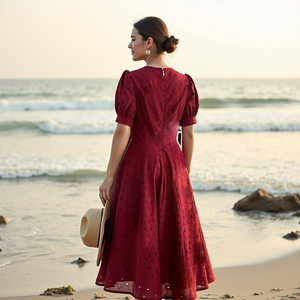 ชุดเดรสคลุมเข่าสไตล์หวานสำหรับเด็กผู้หญิงผ้าคอตตอนระบายอากาศคอวีปักอย่างสง่างามทำด้วยมือของช่างฝีมือ - Product Image 5