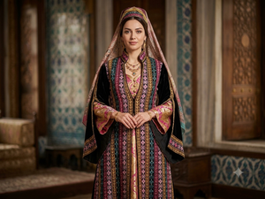 Veste Abaya pour femme, style folklorique traditionnel, velours géométrique, base noire avec broderie linéaire, décoration kaftan. - Product Image 5