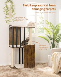 Arbre à chat moderne à 3 niveaux en bois massif avec deux poteaux à gratter en sisal de 50 cm, meuble pour chat d'intérieur durable - Product Image 2