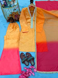 Conjunto de Salwar y Kurta Recto de Diseño Romano para Mujer, con Pantalones Palazzo Anchos Ombre y Dupatta, Ideal para Bodas y Fiestas - Product Image 4