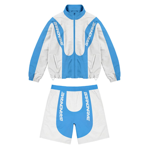 320 GSM Premium Polyester Tracksuit Brown Blue Contrast Panel Screen Print Custom Logo Windbreaker Shorts for Men - Product Image 5
