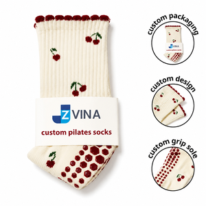 <b>Hot</b> Sale Custom Logo Basic Style Cherry Jacquard Pilates Grip <b>Socks</b> for Women Girls Custom Cotton Ruffle Yoga <b>Socks</b> Manufacturer - Product Image 1