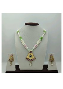 Classic 925 Silver <b>Pearl</b> Beaded <b>Necklace</b> <b>Set</b> with Green Pink Accents Traditional Pendant and Matching Earrings for Wedding Wear - Product Image 2