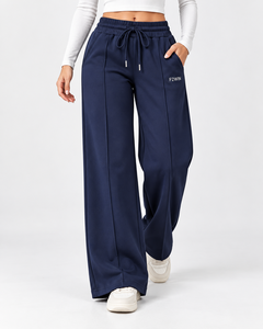Pantalon de survêtement large pour femme F2WIN, taille haute, cordon de serrage, coupe décontractée, longueur intégrale, bleu marine uni avec poches - Product Image 1