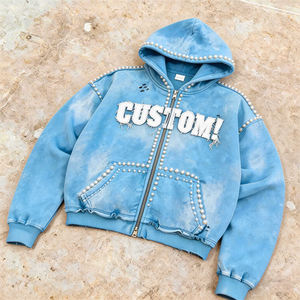 Nouveaux sweats à capuche pour hommes 100% coton épais, coupe oversize, avec strass et perles, logo brodé personnalisé, style vintage délavé, zippés - Product Image 2