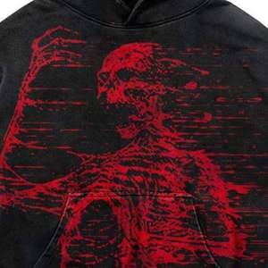 Sudadera con capucha para hombre Chrome Skeleton Middle Finger 2026, negra lavada, oversize, con gráfico metálico, azul neón, estilo streetwear artístico - Product Image 4