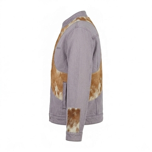 Veste pour homme en denim délavé violet avec patchwork en cuir de vache véritable, col montant, fermeture à boutons-pression, personnalisable - Product Image 4