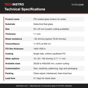 Vidrio Recubierto de ITO para Laboratorio, 25x25mm, 20 Ohm/sq, 1.1mm, Sustrato de Óxido de Indio y Estaño para Celdas Solares de Perovskita y Dispositivos OLED - Product Image 3