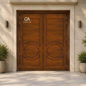 Porte d'entrée double à feuilles battantes en bois massif moderne GA-41L, design à rainures circulaires pour villa, qualité supérieure, directement de l'usine - Product Image 1