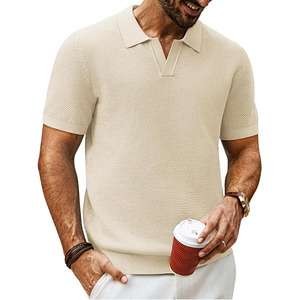 <b>Men's</b> Cream Short Sleeve Knitted Polo Shirt Solid Color Casual Breathable Regular Fit Collared Design - Product Image 1