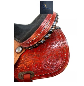 Maroon Tooled Leather Western Barrel Racing Saddle Floral Carving Black Crystal <b>Studded</b> Metal Conchos Seat <b>Plastic</b> 10"-18" Inch - Product Image 3