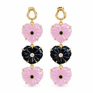 Pendientes de Moda con Forma de Corazón Tallado en Calcedonia Rosa y Ónix Negro con Circonitas Blancas y Negras, Chapados en Oro de 18k sobre Latón - Product Image 2
