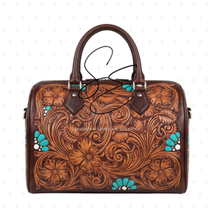 Bolso Boston de Cuero Repujado Estilo Southwest para Mujer, con Detalles Florales en Turquesa, Bolso de Viaje Vintage con Correa para el Hombro - Product Image 1