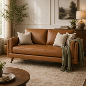 Modern Cognac Leather <b>Sofa</b> with Single Seat Cushion Mid Century Upholstered Couch for <b>Living</b> <b>Room</b> Furniture Leather Loveseat - Product Image 1