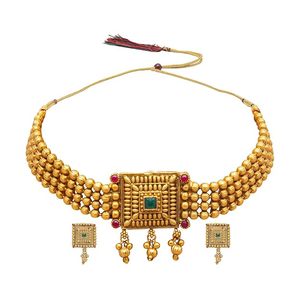 Parure de bijoux plaqué or avec collier long et boucles d'oreilles en alliage, ornée de perles, design temple indien du Sud, pour femme, idéale pour mariage et soirée, bijoux de mode ethniques - Product Image 1