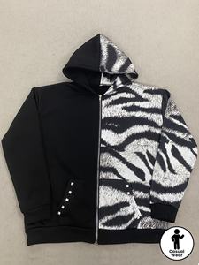 Sweat à capuche zippé intégral pour homme, imprimé noir et blanc, clouté, OEM ODM, vente en gros de vêtements - Product Image 5