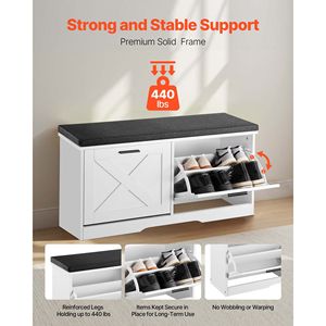 Banc de rangement à chaussures pour entrée de style farmhouse, 39,4 x 12,0 x 18,7 pouces, avec tiroirs rabattables, capacité de 440 lb, banc organisateur de chaussures étroit avec coussin - Product Image 3