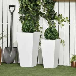 Lot de 2 pots de fleurs élégants en MgO blanc pour extérieur avec grande jardinière en bois et pots métalliques pour jardin, patio, cour, drainage - Product Image 2